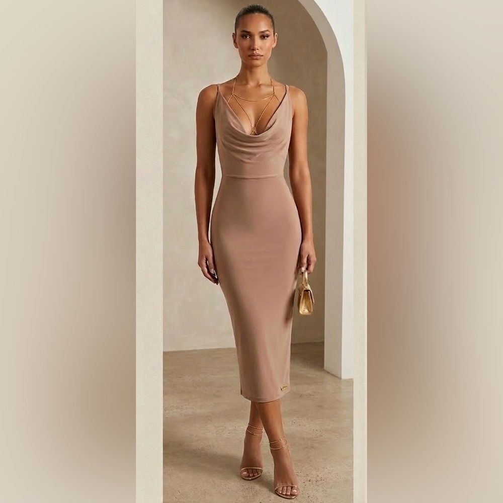Meshki Style Cowl Neck Midi Dress Taupe Size UK8/US Small